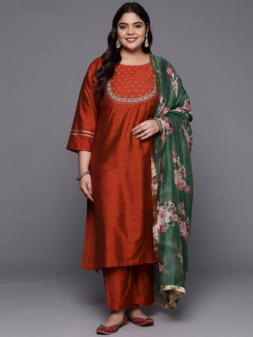 Varanga Women Maroon Yoke Design Kurta with Trousers & With Dupatta